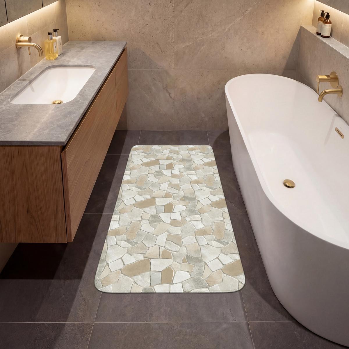 BADEMATTE Mosaik - Steine - Beige 60x120 cm - Beige/Creme, Textil (60/120cm) - OnlyWow