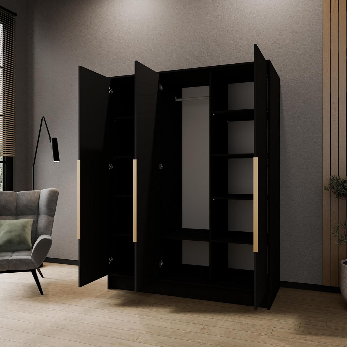 DREHTÜRENSCHRANK BERON 150/200/51 cm Modern Kleiderschrank 3-türig Schwarz - Schwarz, Holzwerkstoff (150/200/51cm) - MASSENO