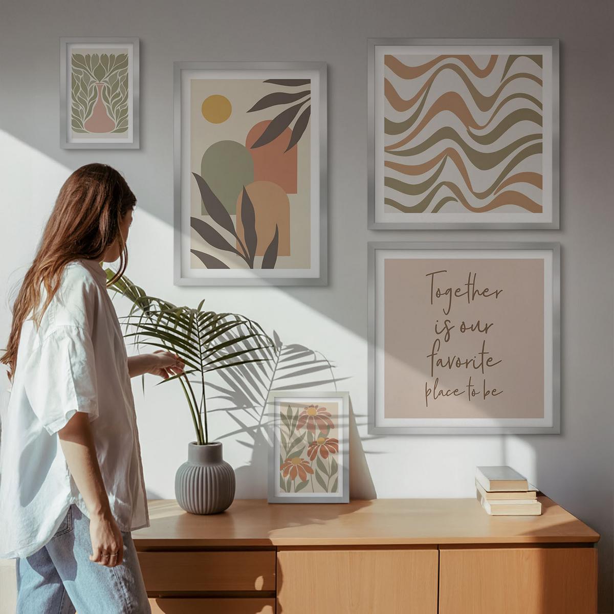 BILDER SET 5er Set - 50x50 cm & 20x30 cm & 40x60 cm Silberner Rahmen - Abstrakte Pastellblumen - Silberfarben, Kunststoff (40/60cm) - TULUP