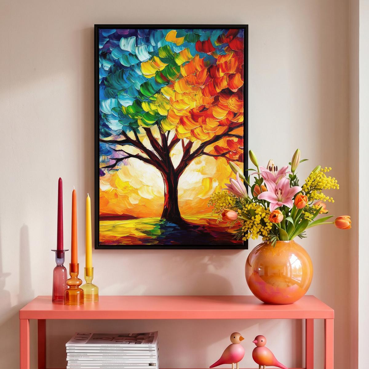 LEINWAND Bilder mit Rahmen - Baum - Kunst - Natur - Sonnenuntergang - 40x60 - Multicolor, Textil (40/60cm) - MuchoWow