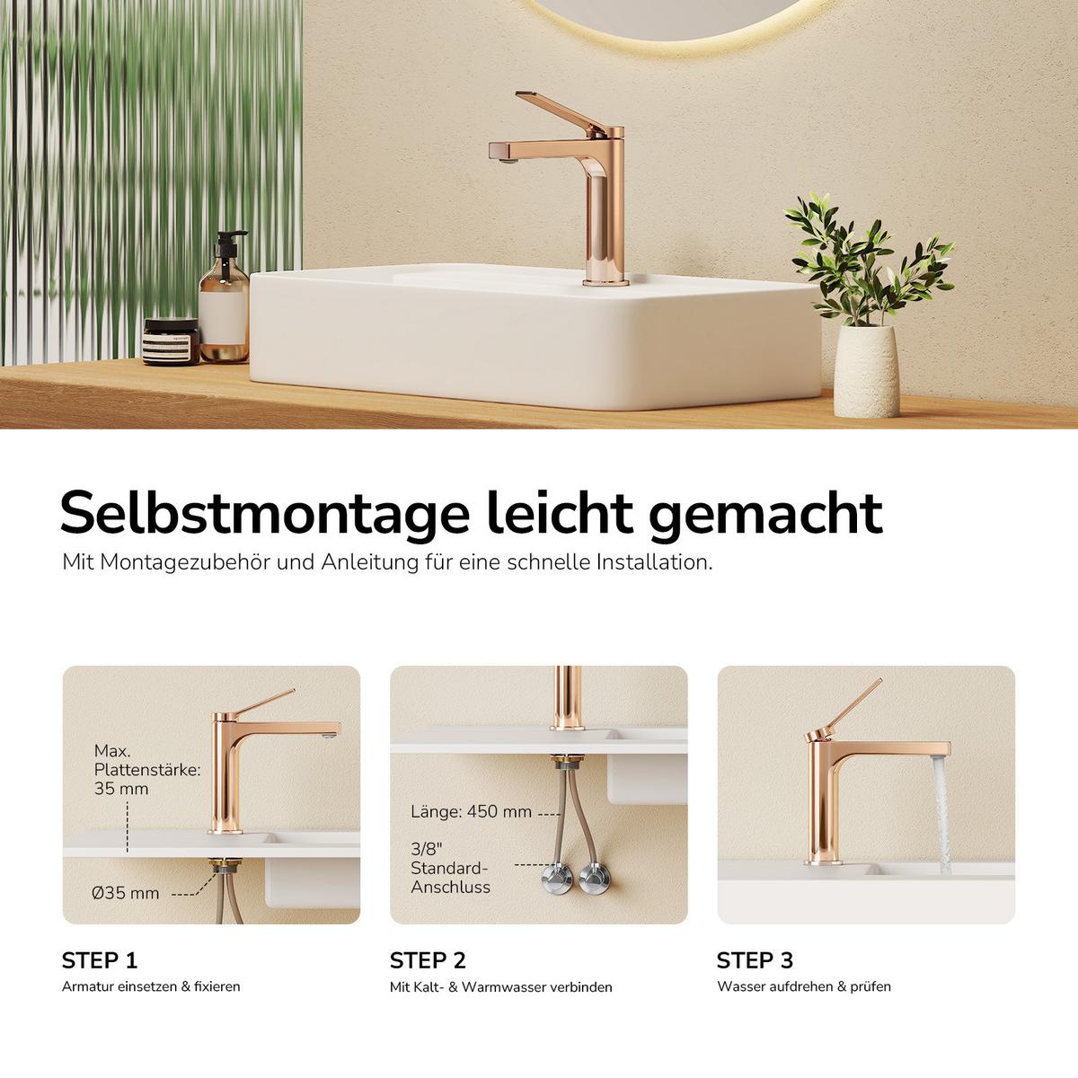 WASCHTISCHARMATUR Rosengold 19,5/17,3/4,6 cm - Roségold, Metall (17.3/19.5/4.6cm) - EMKE