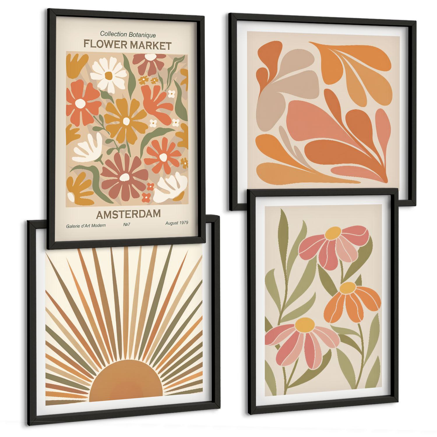 BILDER SET 4er Set - 50x50 cm & 40x60 cm Schwarzer Rahmen - Pastellfarbene Sonnenblumen - Schwarz, Kunststoff (50/50cm) - TULUP