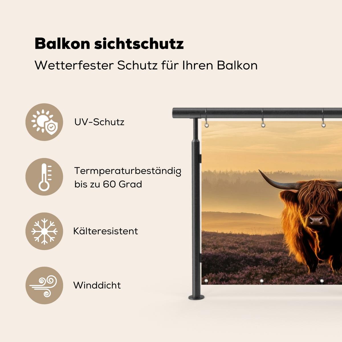 BALKON-SICHTSCHUTZ Schottische Hochlandbewohner - Heide - Landschaft - Tiere Windschutz 300x95 cm - Cognac, Kunststoff (300/95cm) - MuchoWow