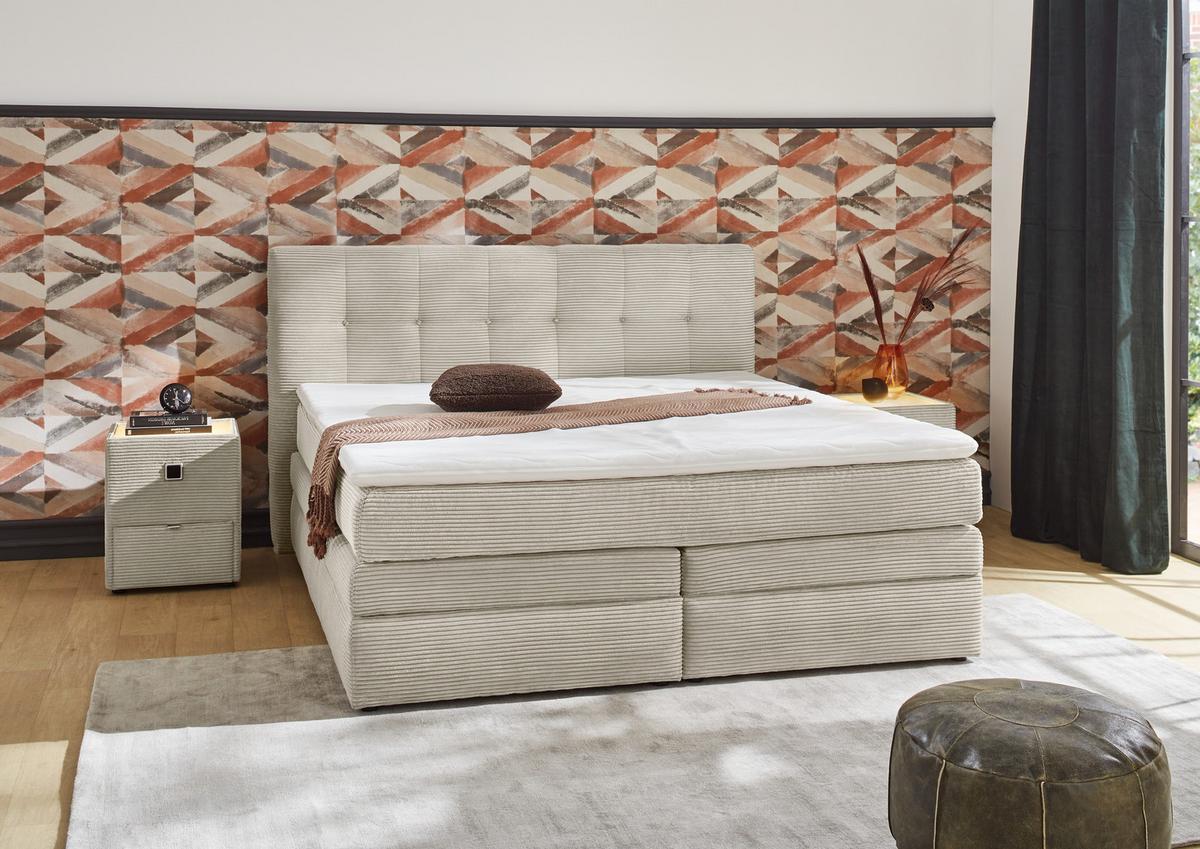 BOXSPRINGBETT 180x200 cm, 7-Zonen-Tonnentaschen-Federkernmatratzen H3, Topper, Bonell-Federkern, 2 Bettkästen, Cord Beige Grau / 20039 - Greige/Schwarz, Kunststoff/Textil (180/200cm) - luma-home