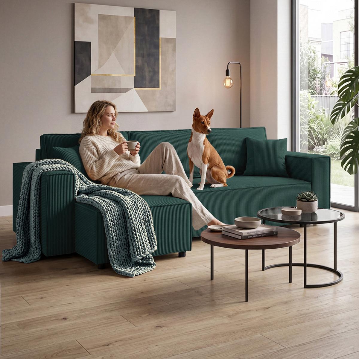 ECKSCHLAFSOFA Neapol mit Bettkasten, 255 cm, Cord-Stoff, Grün - Schwarz/Grün, Textil (256/148cm) - Beautysofa