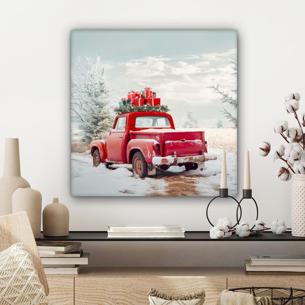 LEINWANDBILD Auto - Rot - Geschenke - Winter - Schnee - Weihnachten Wandbild Wohnzimmer 50x50 cm - Rot, Textil (50/50cm) - MuchoWow