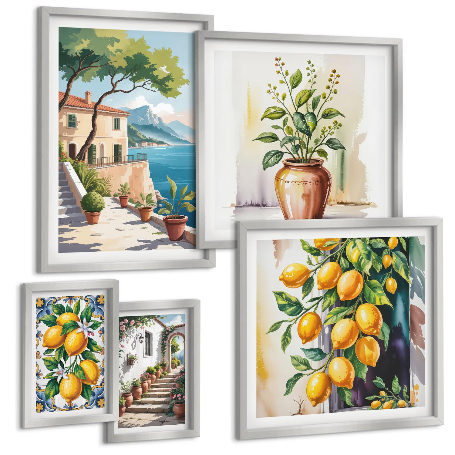 BILDER SET 5er Set - 50x50 cm & 20x30 cm & 40x60 cm Silberner Rahmen - Zitrusbaum im Fenster am Meer - Silberfarben, Kunststoff (40/60cm) - TULUP