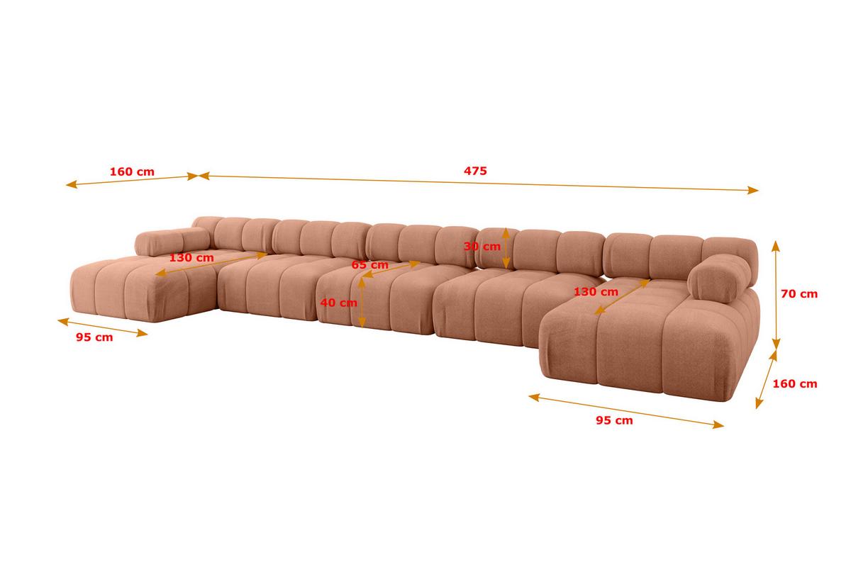 WOHNLANDSCHAFT modulares Sofa Tesso-U3 - 475x160x70 cm Apricot Velours - Koralle, Holzwerkstoff/Textil (475/70/160cm) - ALTDECOR
