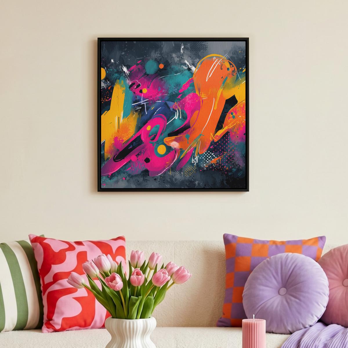 LEINWAND Bilder mit Rahmen - Abstrakt - Graffiti - Farbenfroh - Farbspritzer - 50x50 - Multicolor, Textil (50/50cm) - MuchoWow