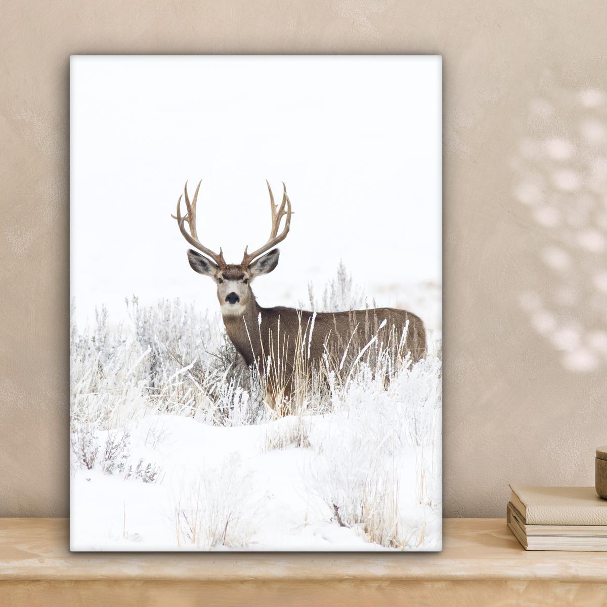 LEINWANDBILD Hirsche - Winter - Schnee - Tiere - Jahreszeiten - Weiß Room Decor 30x40 cm - Hellbraun, Textil (30/40cm) - MuchoWow