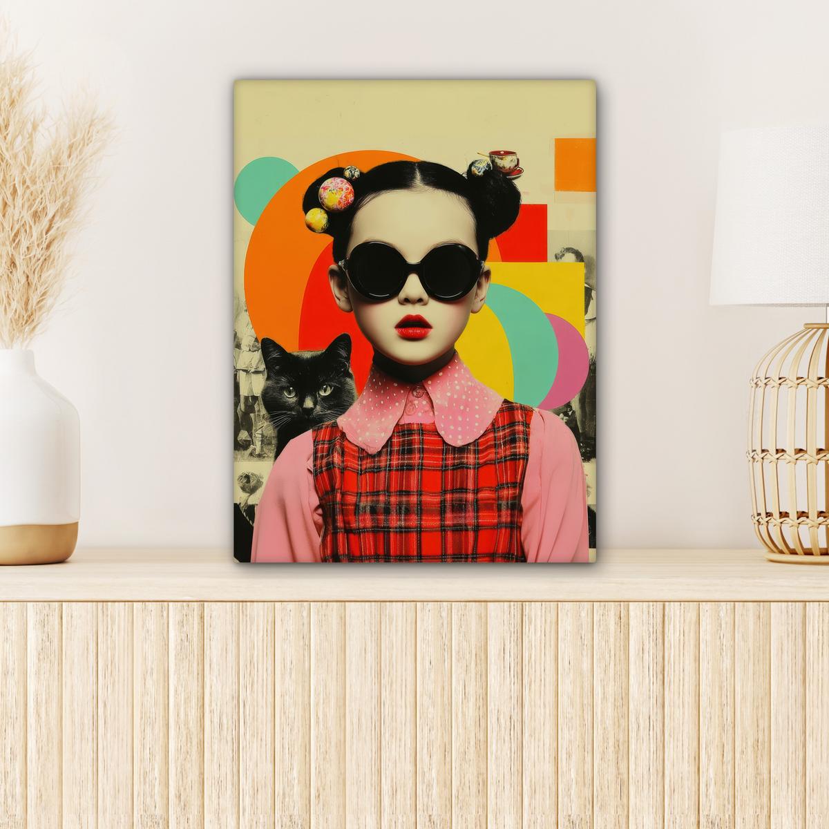 LEINWANDBILD Mädchen - Sonnenbrille - Katze - Retro Room Decor 30x40 cm - Beige, Textil (30/40cm) - MuchoWow