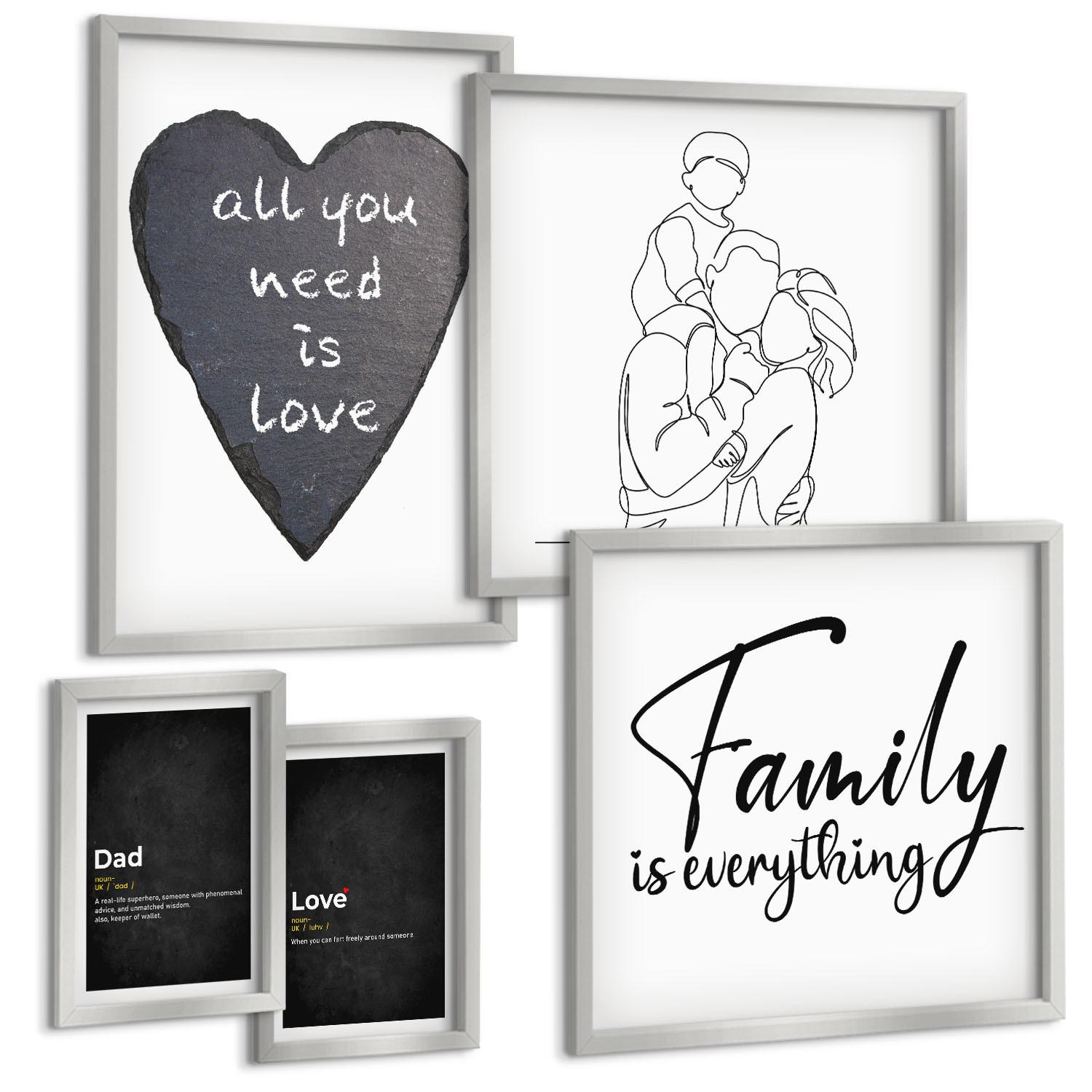 BILDER SET 5er Set - 50x50 cm & 20x30 cm & 40x60 cm Silberner Rahmen - Definitionen der Liebe in Familienzeichnungen - Silberfarben, Kunststoff (40/60cm) - TULUP