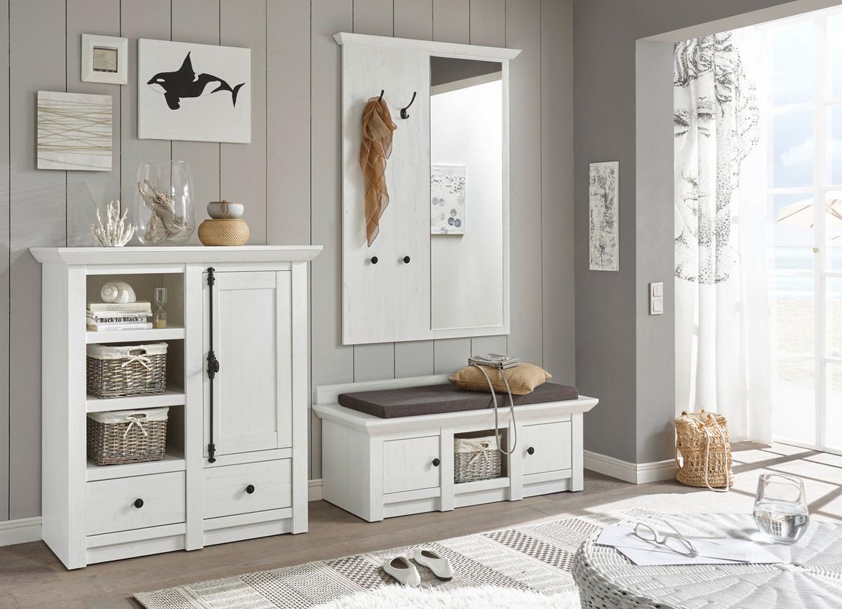 GARDEROBENPANEEL Pinie weiß 105 cm, Wandgarderobe mit Spiegel - Weiß, Holzwerkstoff/Metall (105/140/6cm) - Furn.Design