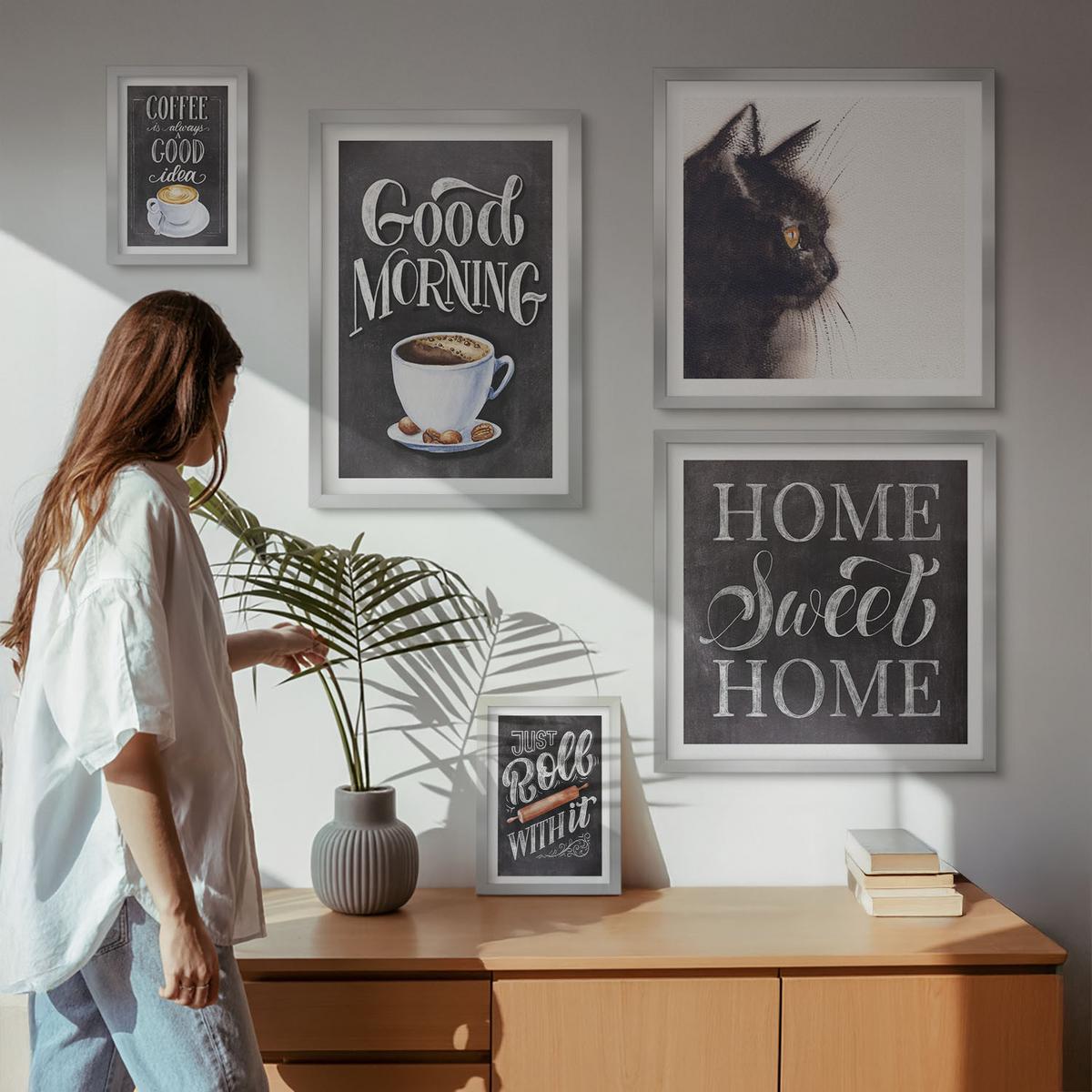 BILDER SET 5er Set - 50x50 cm & 20x30 cm & 40x60 cm Silberner Rahmen - Hausküchenthemen Katze - Silberfarben, Kunststoff (40/60cm) - TULUP
