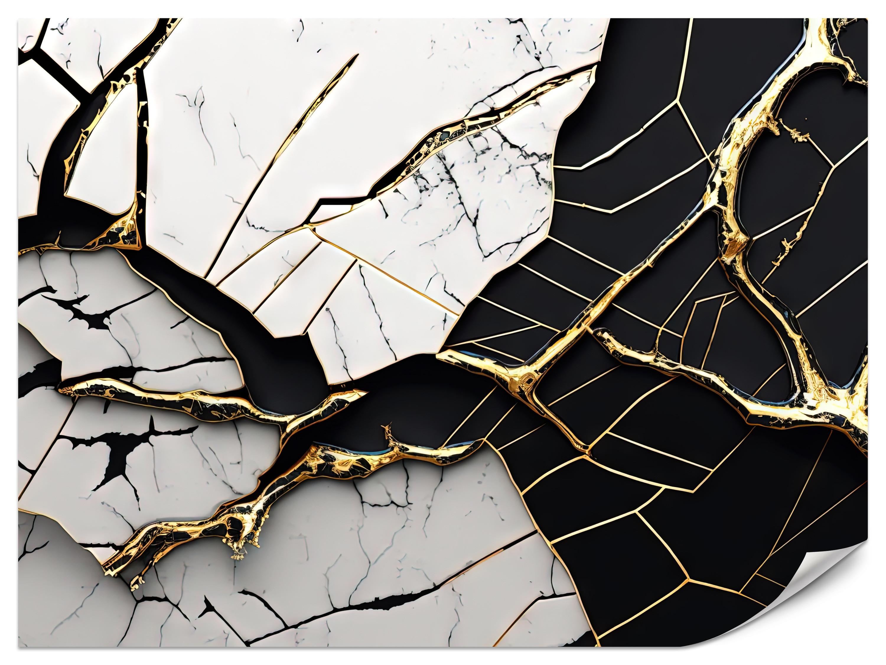 FOTOTAPETER für Badezimmer Abstrakter Marmor Goldene Verzierung 350x256 - Schwarz/Weiß, Papier (350/256cm) - Muralo