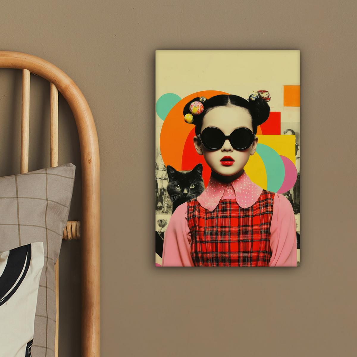 LEINWANDBILD Mädchen - Sonnenbrille - Katze - Retro Deko Wohnzimmer 20x30 cm - Beige, Textil (20/30cm) - MuchoWow