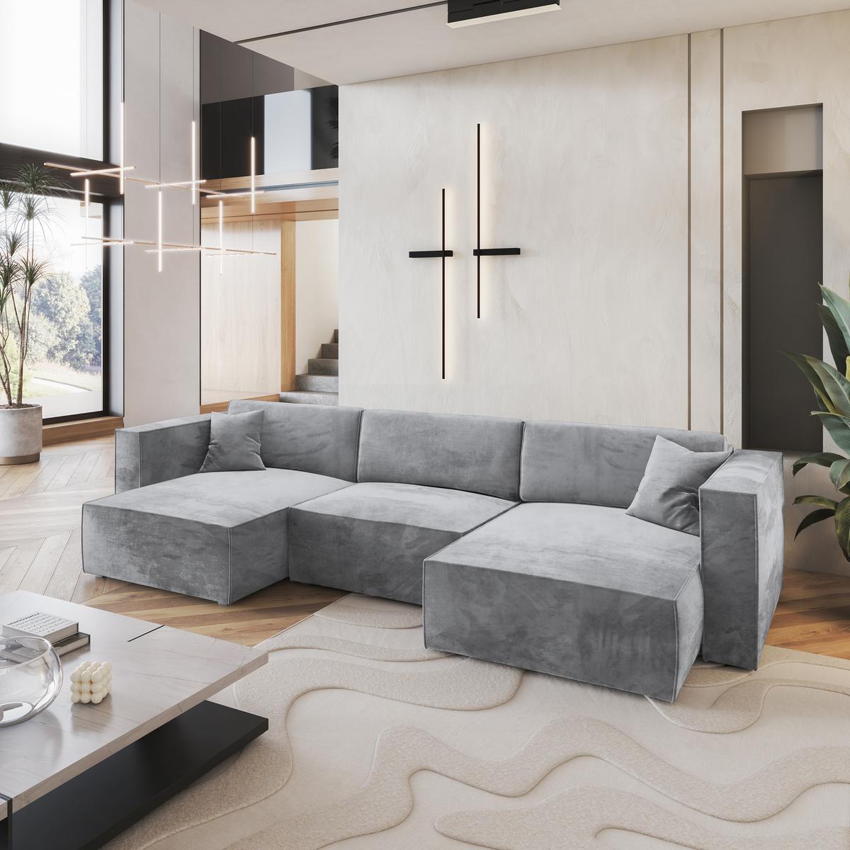 WOHNLANDSCHAFT SARMO M Hellgrau Velours-Stoff mit Schlaffunktion - Hellgrau/Grau, Holz/Kunststoff (347/70/148cm) - MASSENO