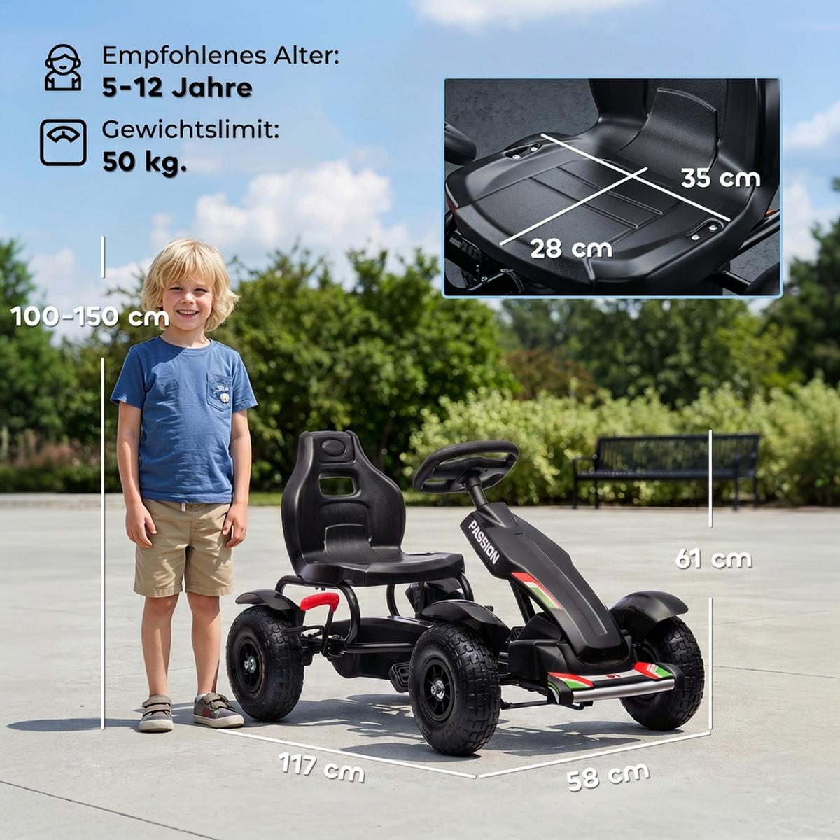KINDER GO KART TRETAUTO, Schwarz, Kunststoff+ Metall - Schwarz, Metall (117/58/61cm) - HOMCOM