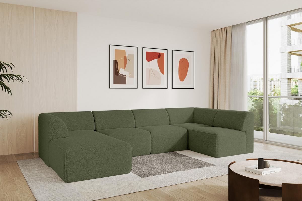 WOHNLANDSCHAFT Ottomane Links MOVO-L 345x180x78 cm Grün Bouclé - Dunkelgrün, Holzwerkstoff/Kunststoff (345/78/180cm) - ALTDECOR