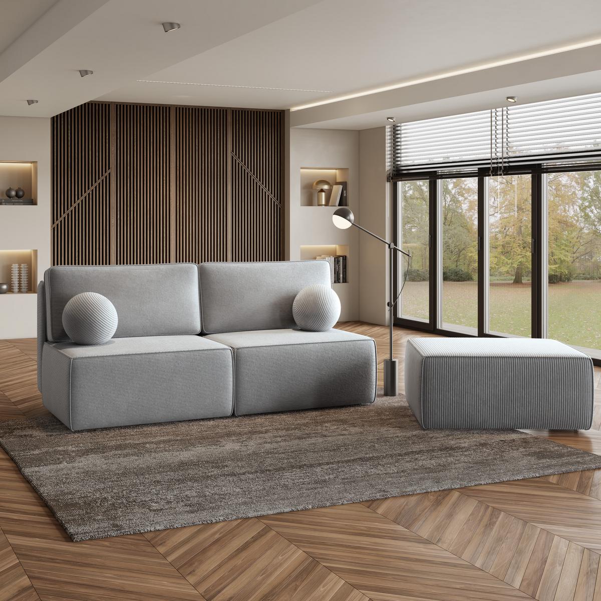 ECKSOFA VARNA P Hellgrau Kordstoff mit Schlaffunktion - Hellgrau/Grau, Holz/Kunststoff (196/158cm) - MASSENO