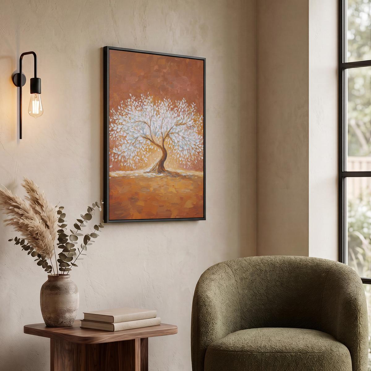 LEINWAND Bilder mit Rahmen - Abstrakt - Baum - Weiß - Blätter - 60x80 - Braun, Textil (60/80cm) - MuchoWow