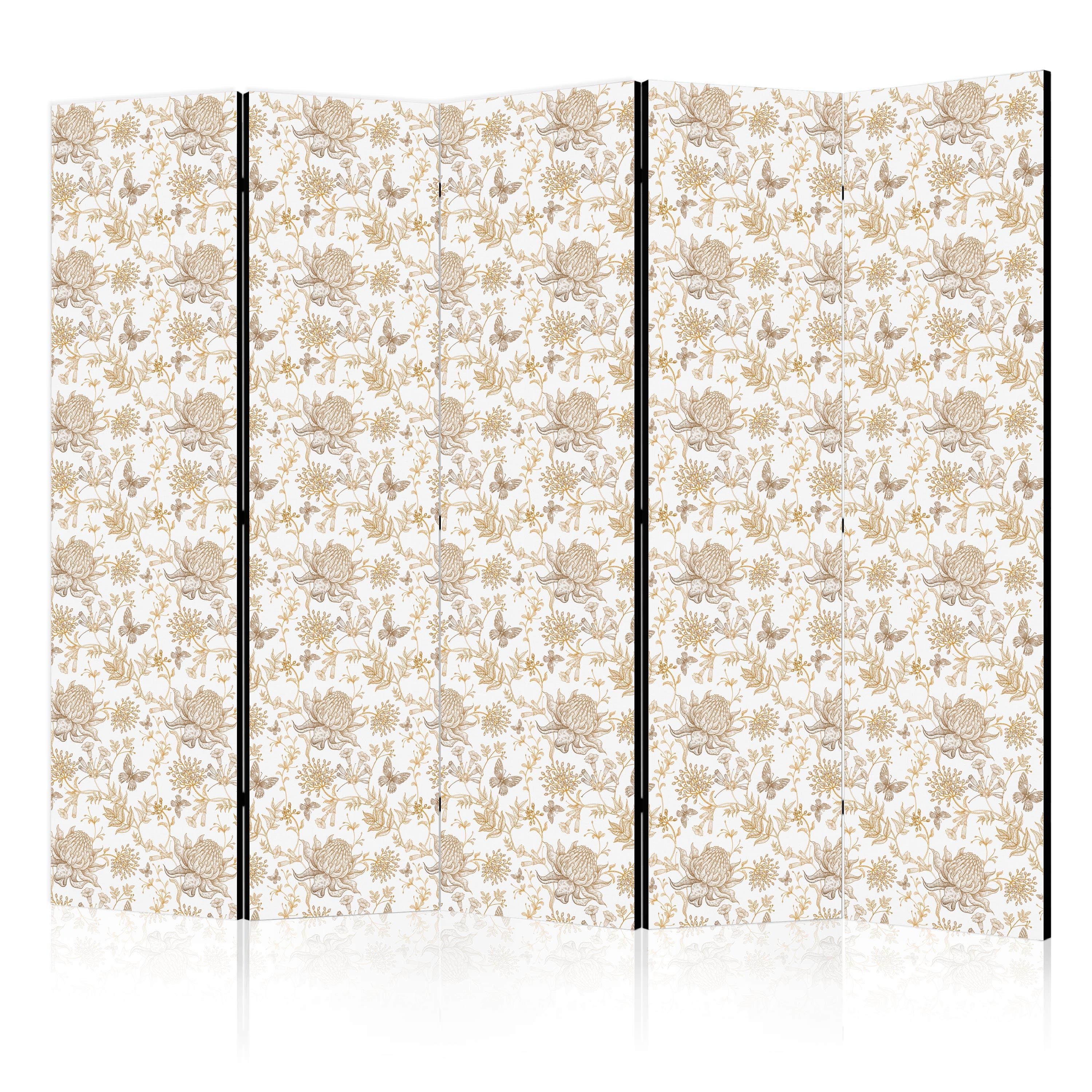 PARAVENT Beidseitig Bedruckter 5-tlg 225x172 cm Chrysanthemen und Schmetterlinge - Braun, Holz/Textil (225/172/3cm) - Muralo