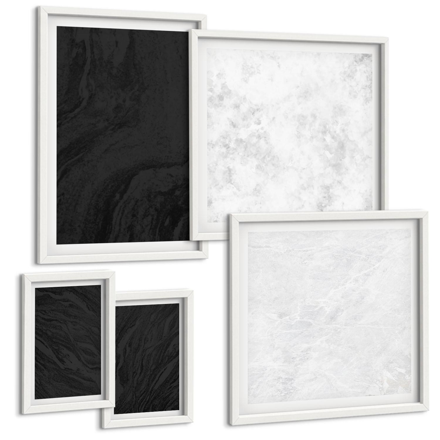 BILDER SET 5er Set - 50x50 cm & 20x30 cm & 40x60 cm Weißer Rahmen - Dunkles Licht, glamouröse Marmor - Weiß, Kunststoff (40/60cm) - TULUP