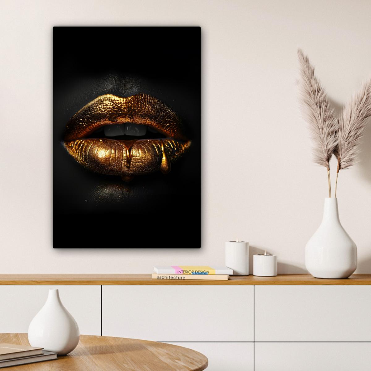 LEINWANDBILD Frau - Porträt - Lippen - Gold - Schwarz Wanddeko 40x60 cm - Schwarz, Textil (40/60cm) - MuchoWow