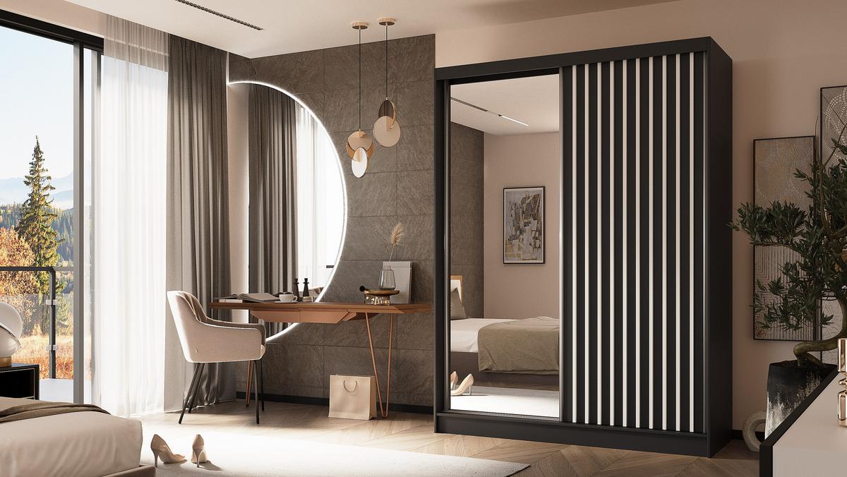 KLEIDERSCHRANK mit Spiegel-Schiebetüren und Aluminium-Leisten, LED-Beleuchtung - LAMELO - 160 cm Schwarz+Schwarz+Weiß - Schwarz/Weiß, Holzwerkstoff (160/216/61cm) - ALTDECOR