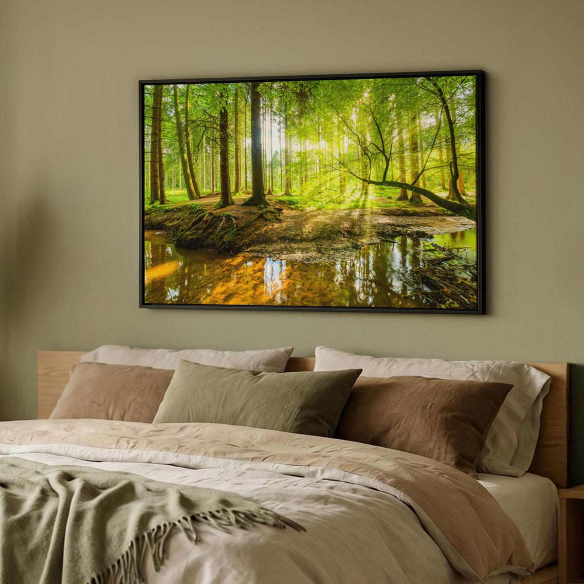 LEINWAND Bilder mit Rahmen - Wald - Landschaft - Wasser - Bäume - Sonne - Grün - Natur - 90x60 - Grün, Textil (90/60cm) - MuchoWow