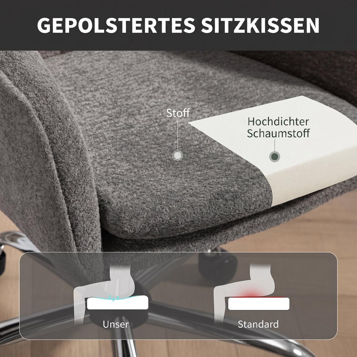 SCHREIBTISCHSTUHL Grau - Chromfarben/Grau, Textil/Metall (63/96/64cm) - HOMCOM