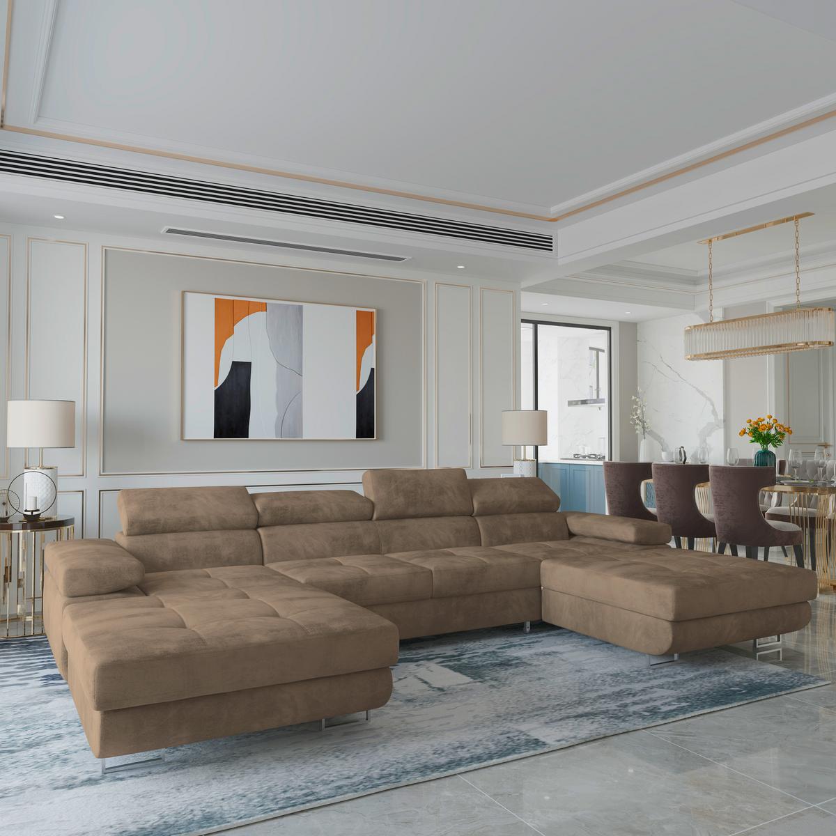 WOHNLANDSCHAFT LYKKE Beige Velours-Stoff mit Schlaffunktion - Beige, Holz (353/90/202cm) - MASSENO