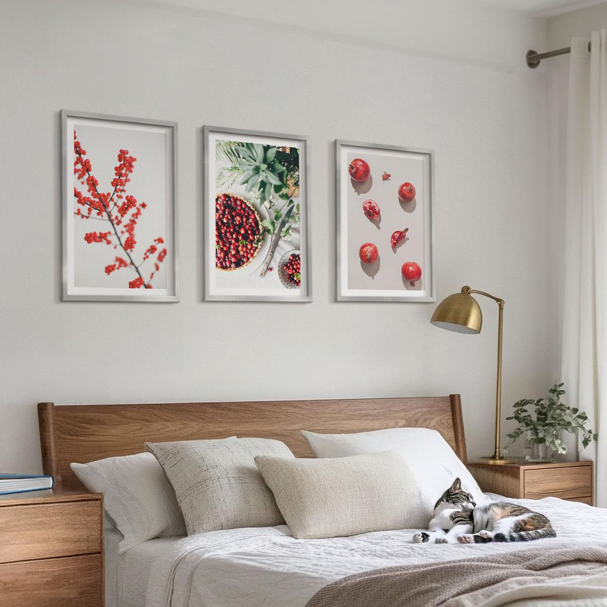 BILDER SET 3er Set - 40x60 cm Silberner Rahmen - Minimalismus der roten Früchte von Pflanzen - Silberfarben, Kunststoff (40/60cm) - TULUP