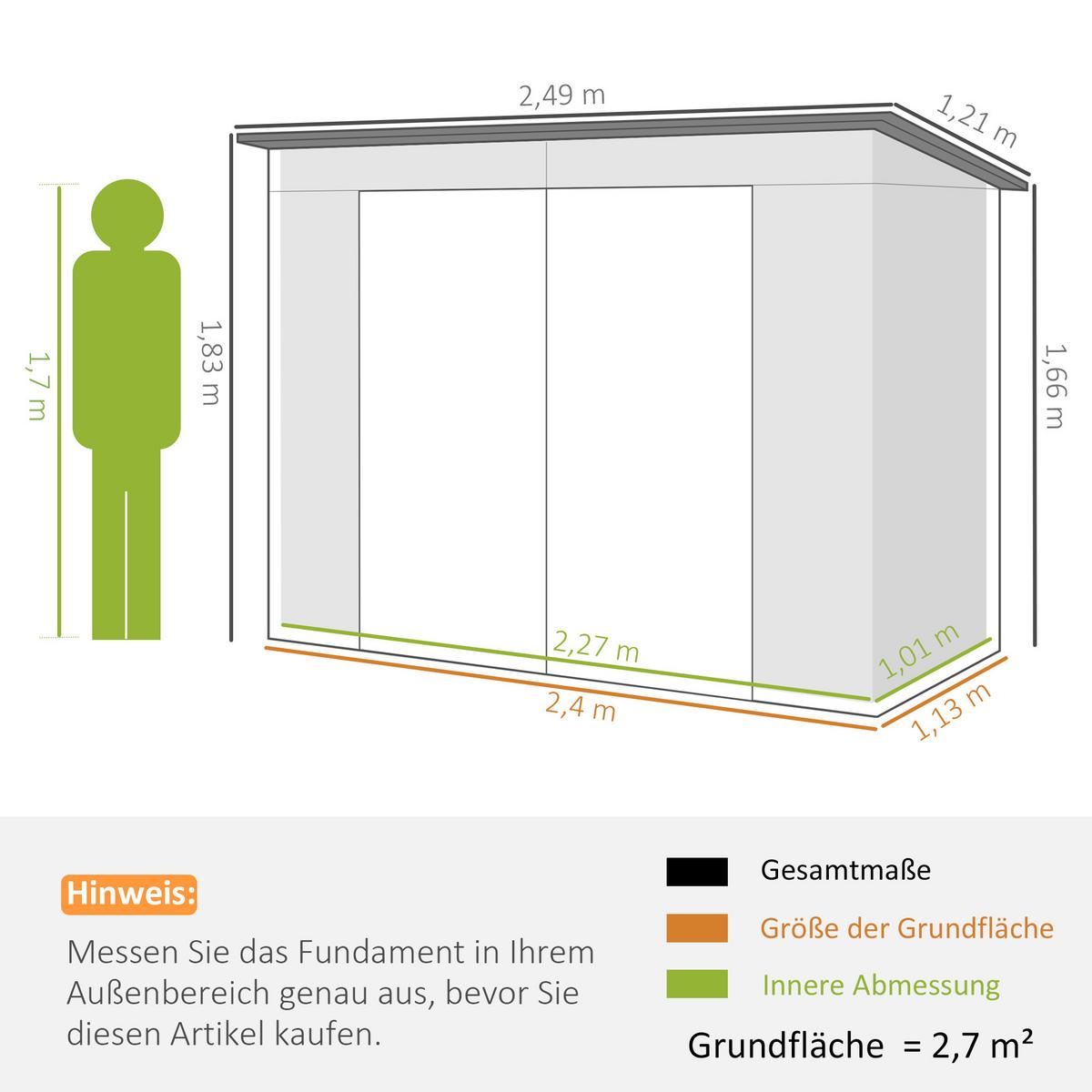 GERÄTEHAUS aus Stahl, 2,7 m² Geräteschuppen mit Doppeltür, Schloss, UV-Schutz - Grau, Metall (121/183/249cm) - Outsunny