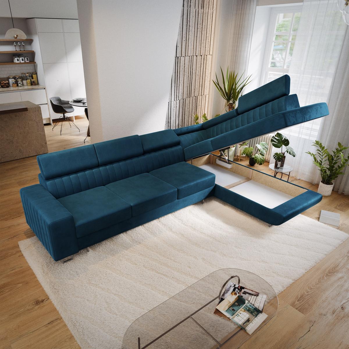 ECKSOFA HESTION Blau Velours-Stoff mit Schlaffunktion - Blau, Holz (332/190cm) - MASSENO