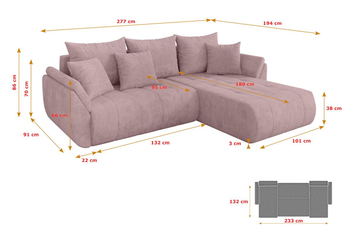 ECKSOFA mit Schlaffunktion Ottomane Rechts TOKO-L 277x194x86 Rosa Cord - Schwarz/Rosa, Holzwerkstoff/Kunststoff (277/194cm) - ALTDECOR
