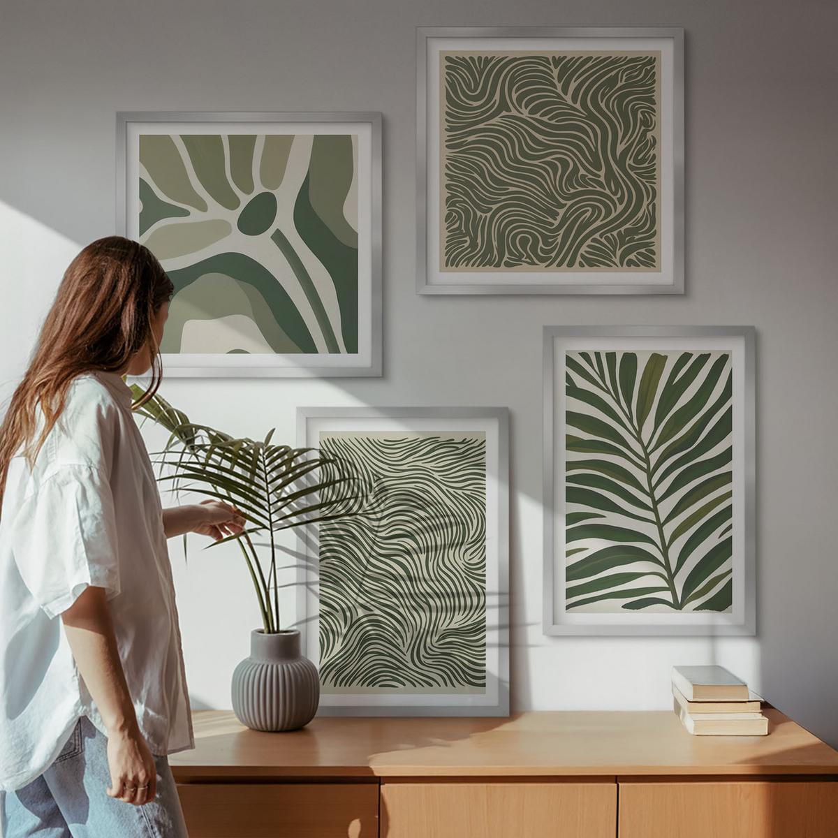 BILDER SET 4er Set - 50x50 cm & 40x60 cm Silberner Rahmen - Blattmuster und wellenförmige Formen - Silberfarben, Kunststoff (50/50cm) - TULUP