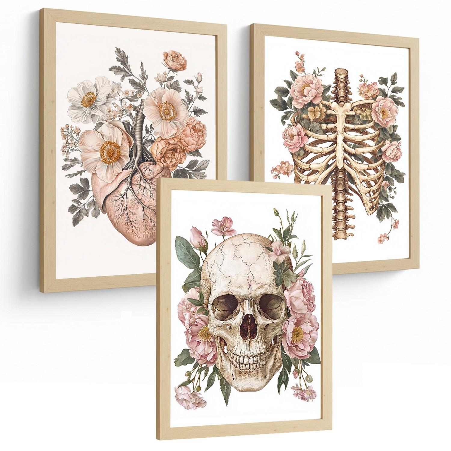 POSTER Set aus 3 Anatomie Mensch Florale Drucke und Wandbilder mit Herz Schädel und Brustkorb Weicher Vintage Stil Größe Leichter Holzrahmen A3 - Beige, Papier (29.7/42/3cm) - Nacnic
