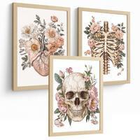 POSTER Set aus 3 Anatomie Mensch Florale Drucke und Wandbilder mit Herz Schädel und Brustkorb Weicher Vintage Stil Größe Leichter Holzrahmen A3 - Beige, Papier (29.7/42/3cm) - Nacnic