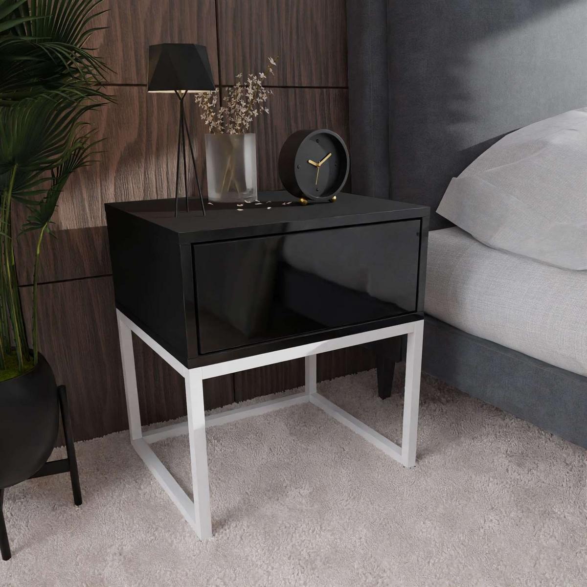 NACHTTISCH BLANCO LOFT Schwarz Hochglanz auf weißem Gestell PUSH OPEN - Schwarz Hochglanz, Holzwerkstoff (45/53/37cm) - Lookway