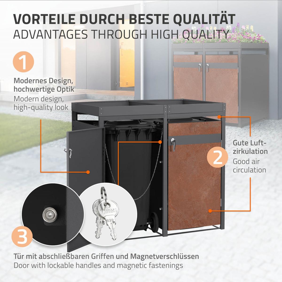 MÜLLTONNENBOX 2er mit Pflanzdach Anthrazit-Rostoptik - Rotbraun, Metall (132/124/80cm) - ML-DESIGN