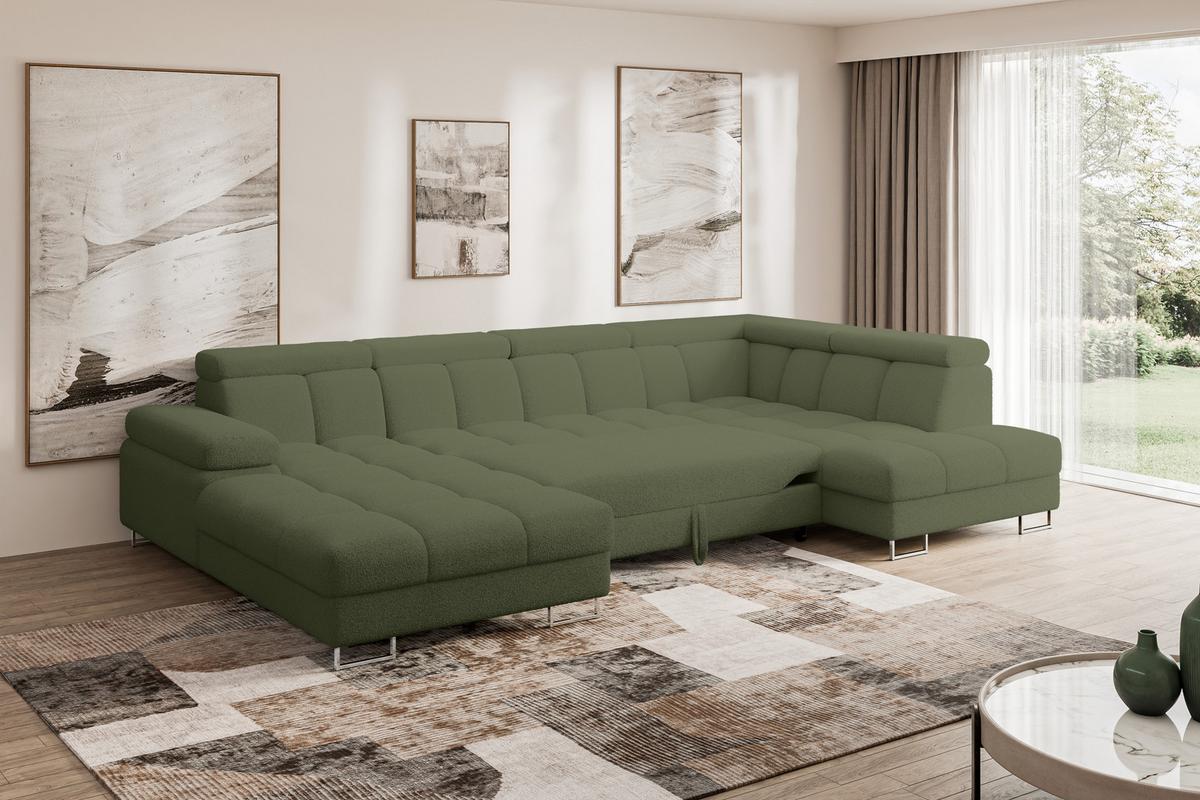 WOHNLANDSCHAFT mit Schlaffunktion und Bettkasten Ottomane RECHTS COMA U 345x203x79 Grün Bouclé - Smaragdgrün, Holzwerkstoff/Textil (203/79/345cm) - ALTDECOR