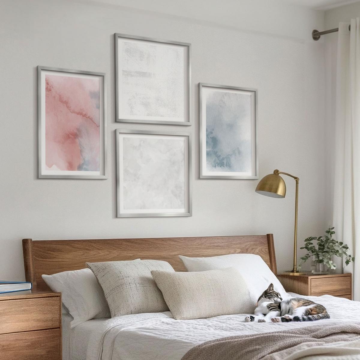 BILDER SET 4er Set - 50x50 cm & 40x60 cm Silberner Rahmen - Pastellfarbene Aquarelltexturen - Silberfarben, Kunststoff (50/50cm) - TULUP