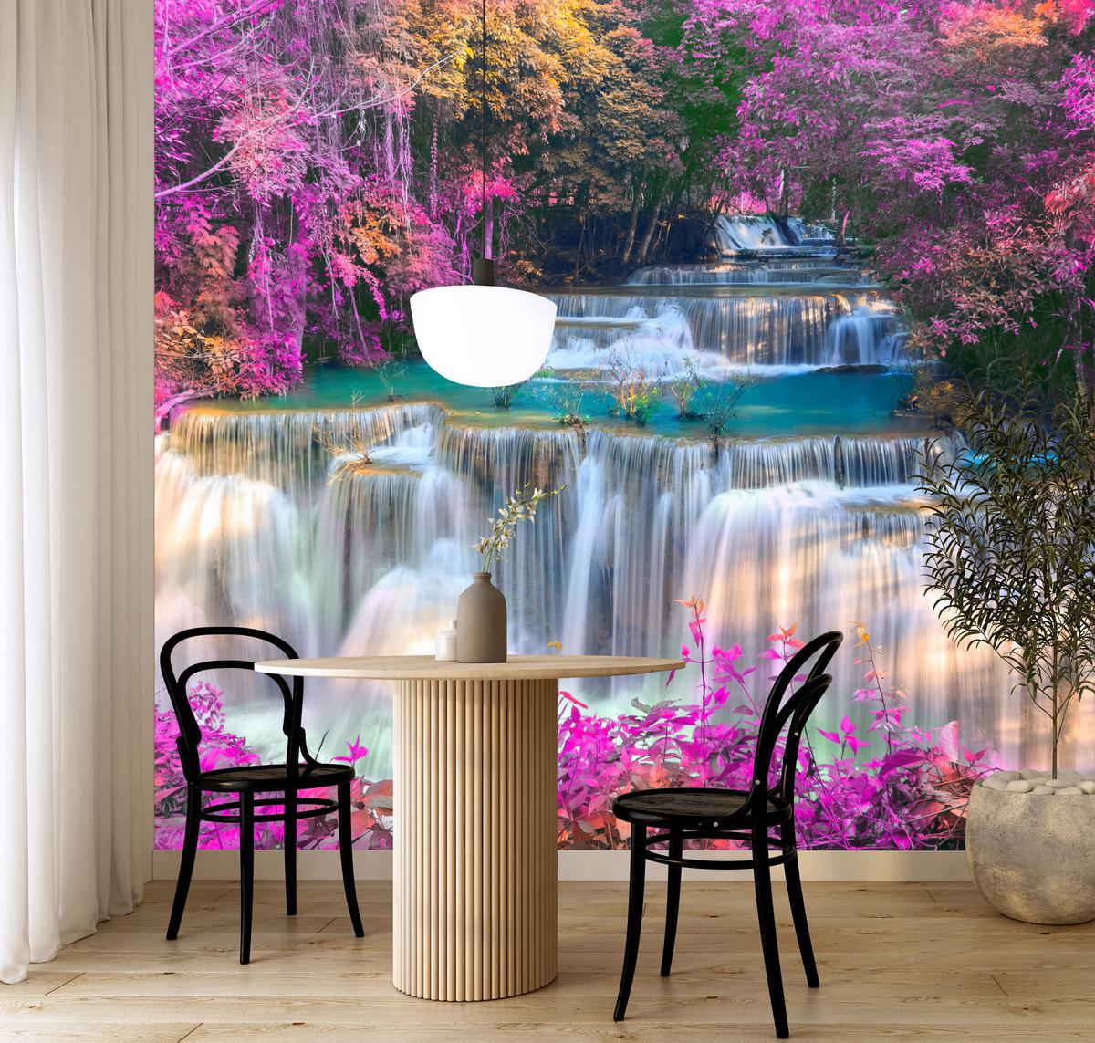 FOTOTAPETE für Schlafzimmer Wasserfall Pinker Wald Fantasie 300x210 - Türkis/Beige, Papier (300/210cm) - Muralo