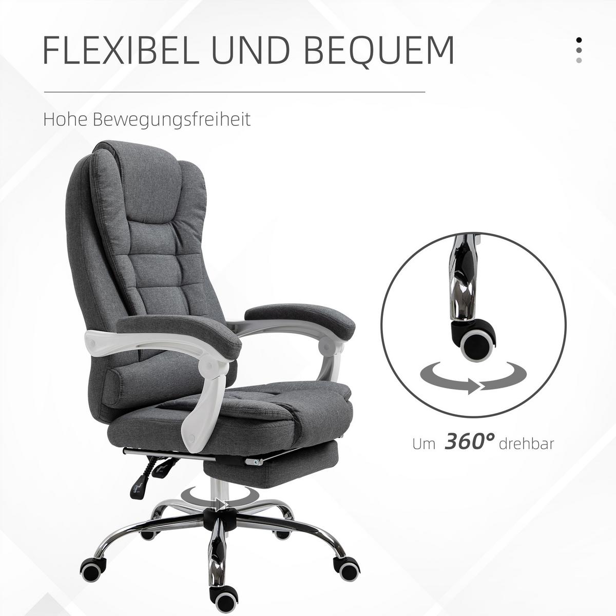 BÜROSTUHL höhenverstellbarer Schreibtischstuhl mit Fußstütze, Leinenoptik Grau - Grau, Metall (70/118/65cm) - Vinsetto