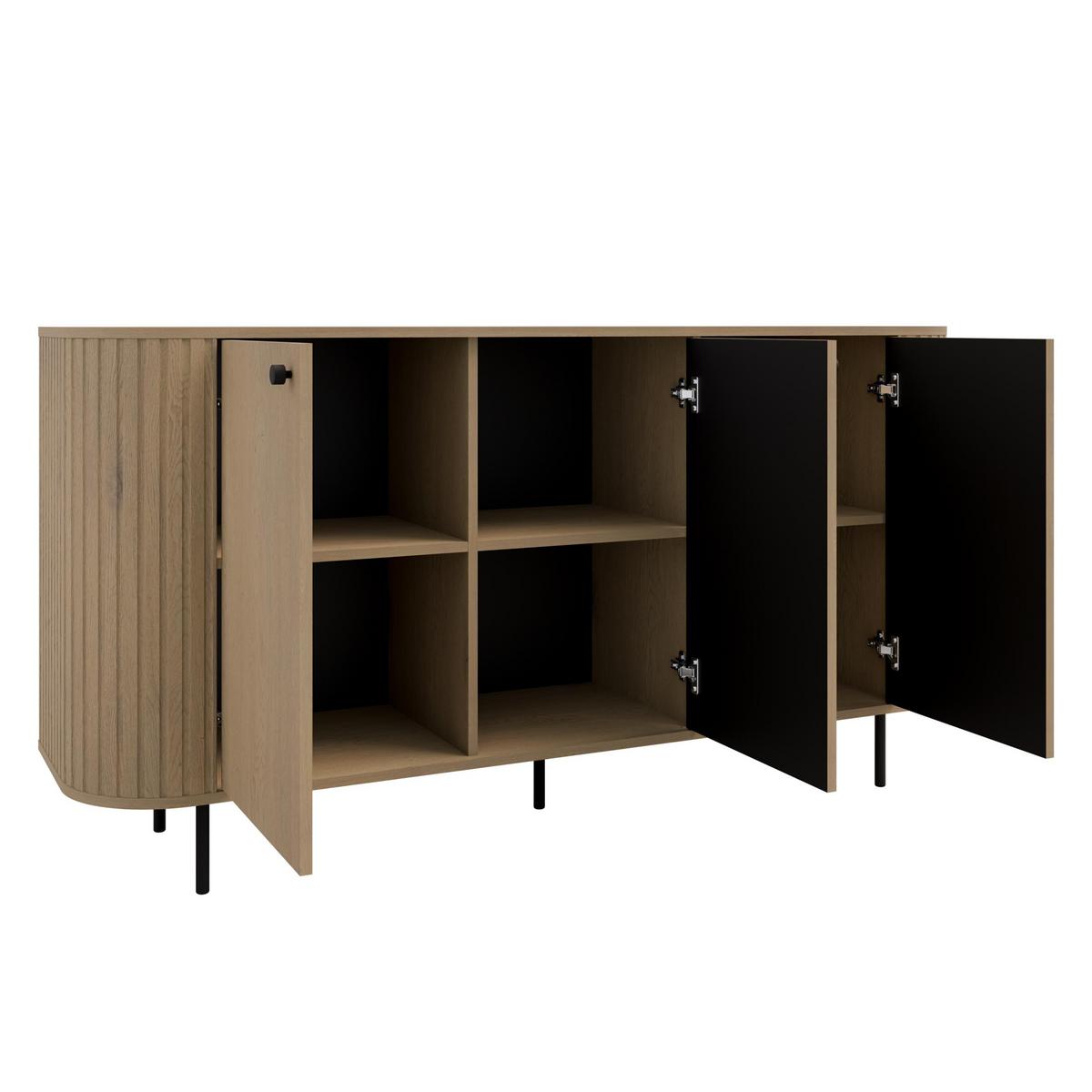 SIDEBOARD Halay Eiche Cremona, 3 Türen Moderne Rillenstruktur 164,6 cm, mit runden Kanten - Eichefarben/Schwarz, Holzwerkstoff/Metall (164.6/85.4/42.4cm) - AX Living