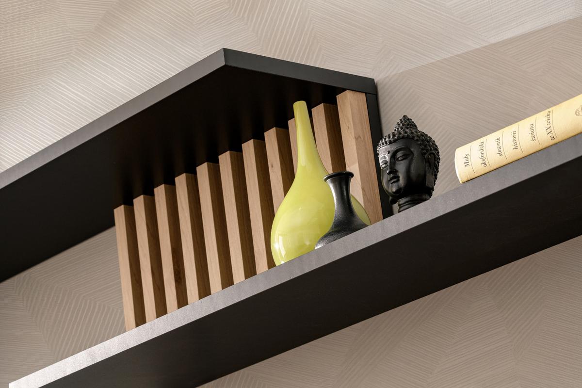 WOHNWAND schwarz, Eiche Jackson 353 cm, Schrankwand mit Push-top-Open und Beleuchtung - Eichefarben/Schwarz, Glas/Holzwerkstoff (340/192/45cm) - Furn.Design