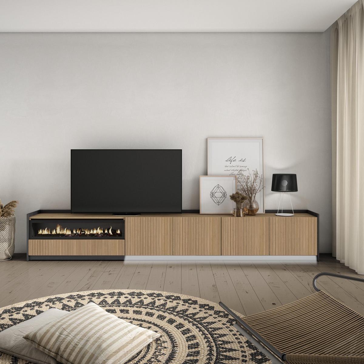 LOWBOARD, Eiche und Schwarz, 310/37/50cm, Elektrokamin, Led - Eichefarben, Holzwerkstoff (310/50/37cm) - Skraut Home