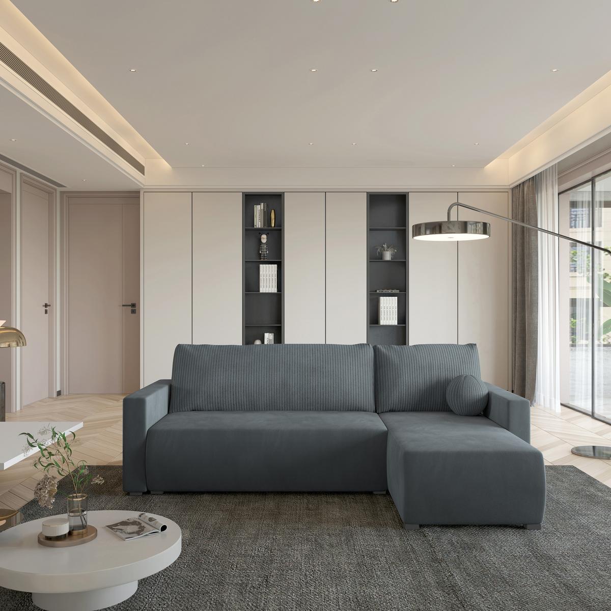 ECKSOFA SORGE Grau Plüsch-Stoff mit Schlaffunktion - Grau, Holz (220/143cm) - MASSENO