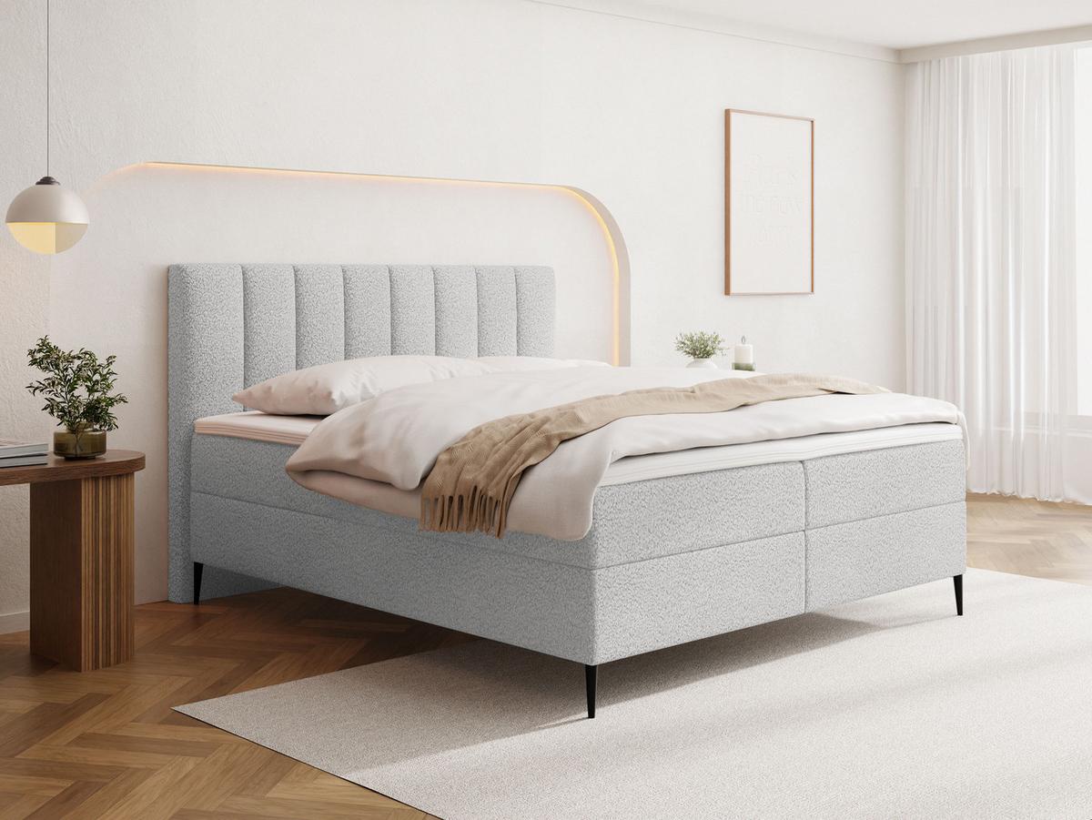 BOXBETT Allen mit Bettkasten, Boucle Grau 120x200 cm – inkl. H4 Taschenfederkern Matratze & Foam Topper - Hellgrau/Schwarz, Textil/Metall (120/200cm) - WFL GROUP